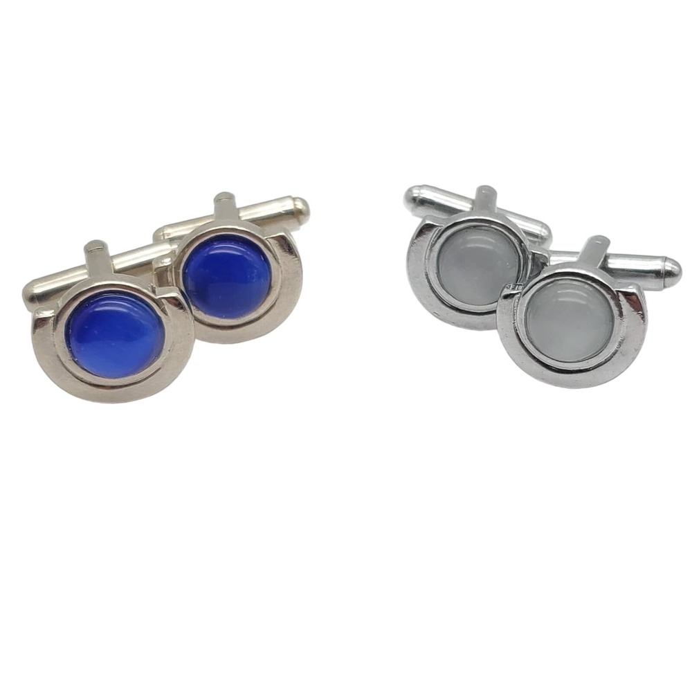Faux Moonstone Silver Tone Cufflinks Blue Deco Style Suit Accessory Vintage Pair